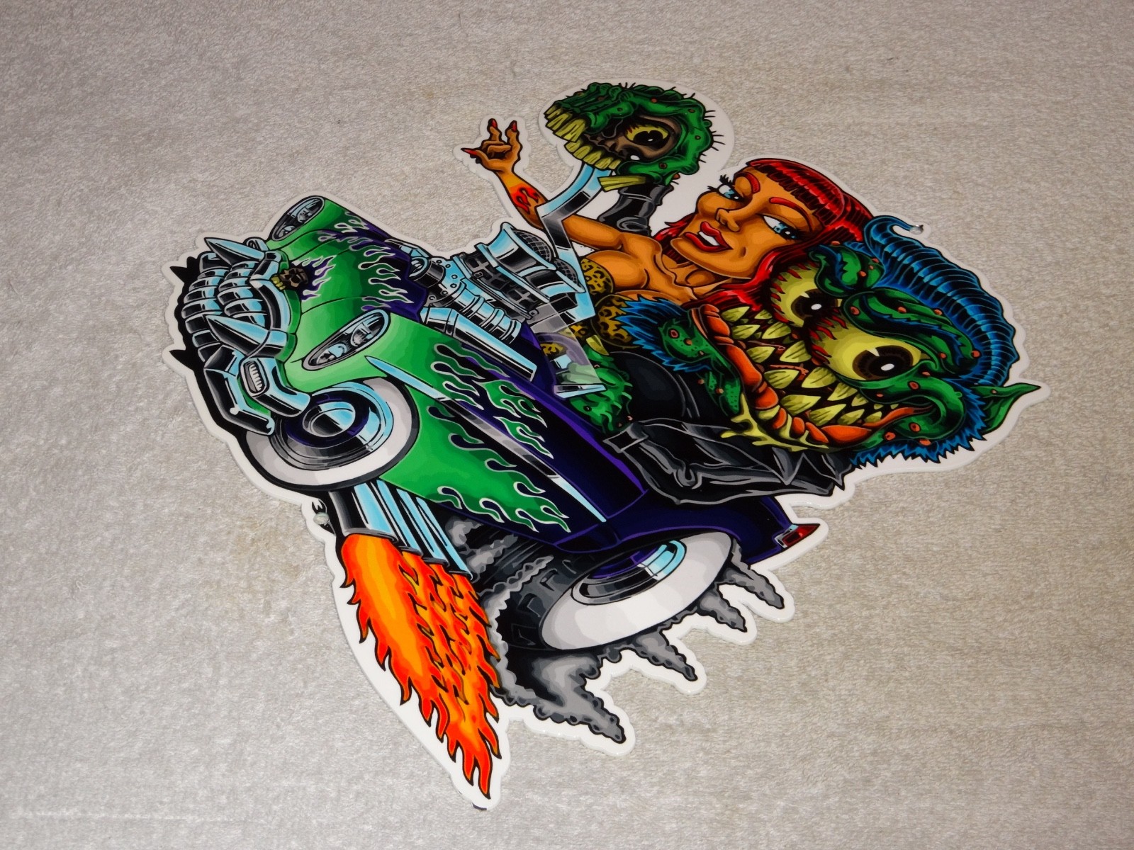 VINTAGE RATFINK DRIVES CAR W/ WOMAN MONSTER 12" METAL GASOLINE OIL RAT FINK SIGN