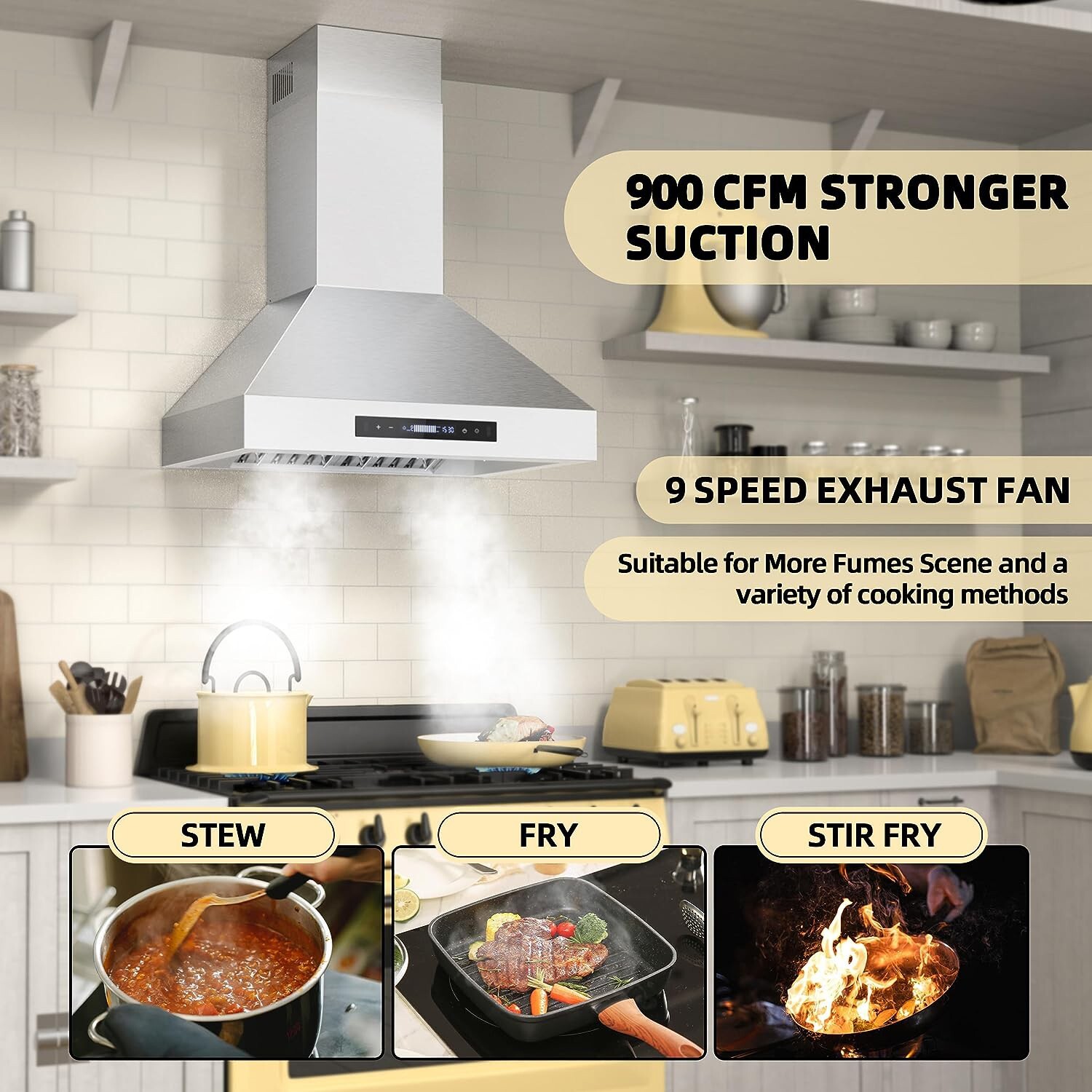 30inch Wall Mount Kitchen Range Hood Stainless Steel 900CFM 9Speed Touch Control