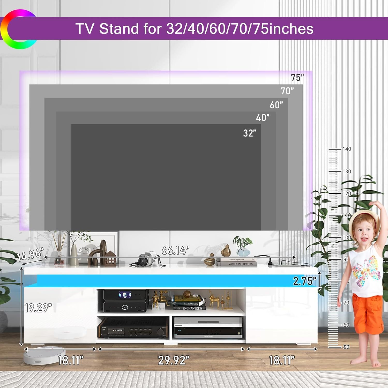 66"/75" Modern High Gloss LED TV Stand, Entertainment Center for 75"/85" TV