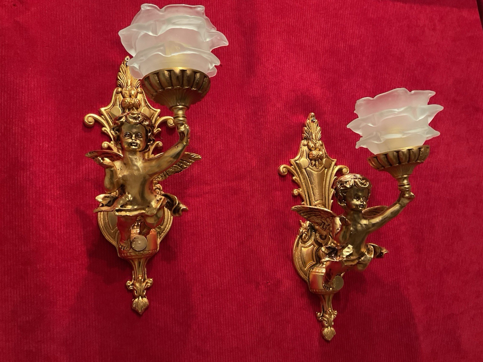 Pair Of Vintage French Putti Cherubs Winged angel Wall Lights Ormolu