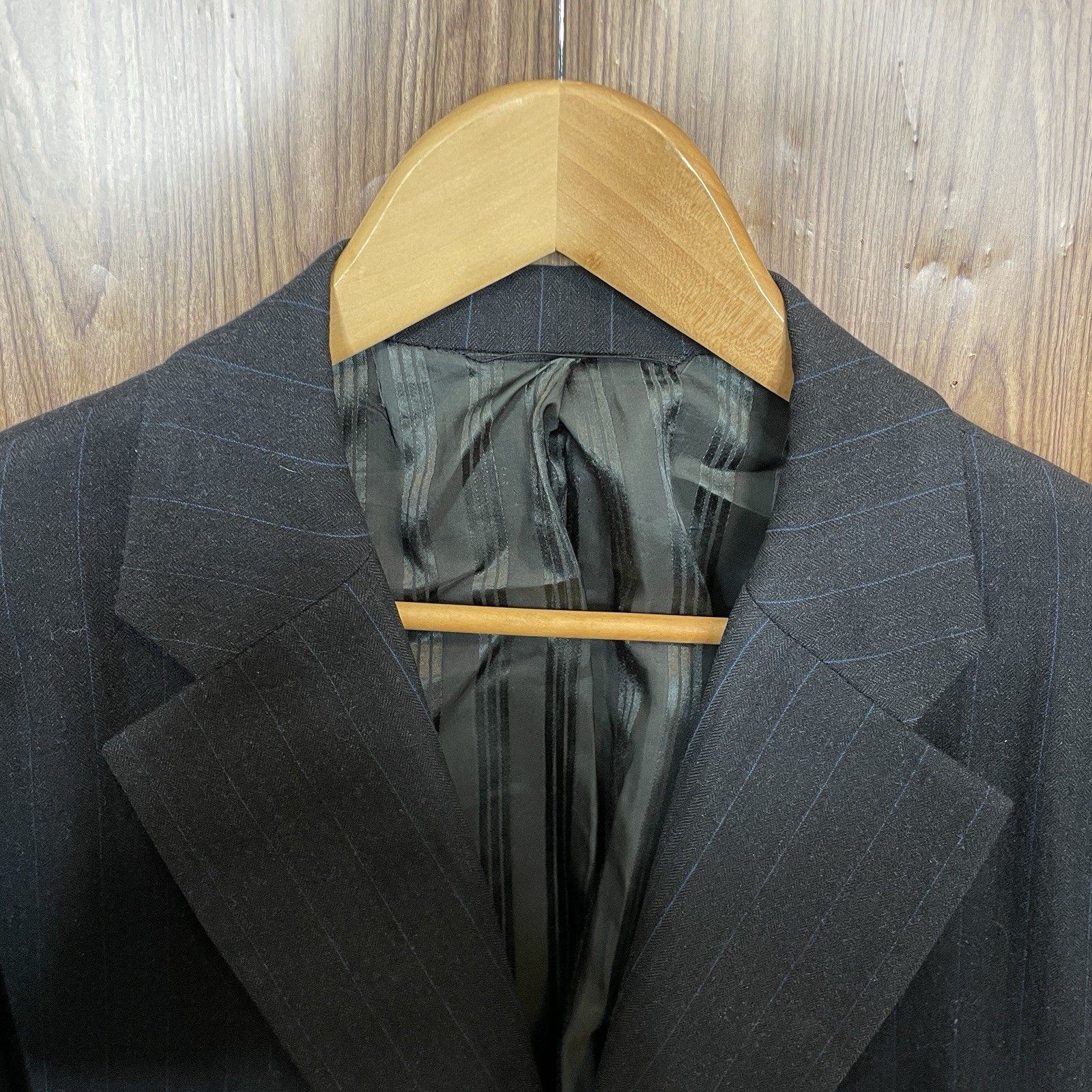 Paul Cicchini Bespoke 2 Piece Suit Mens 46XL 38x33 Black Blue Striped Wool USA