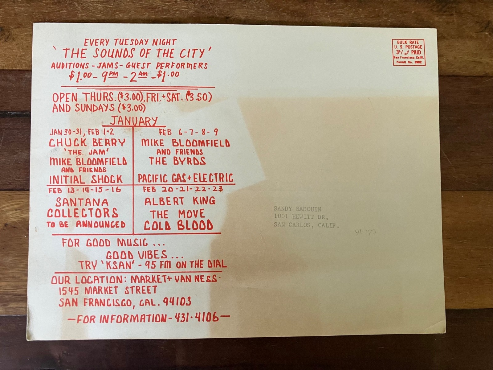 Fillmore Handbill Double Postcard Bloomfield Byrds Chuck Berry Feb 1969 Tuten