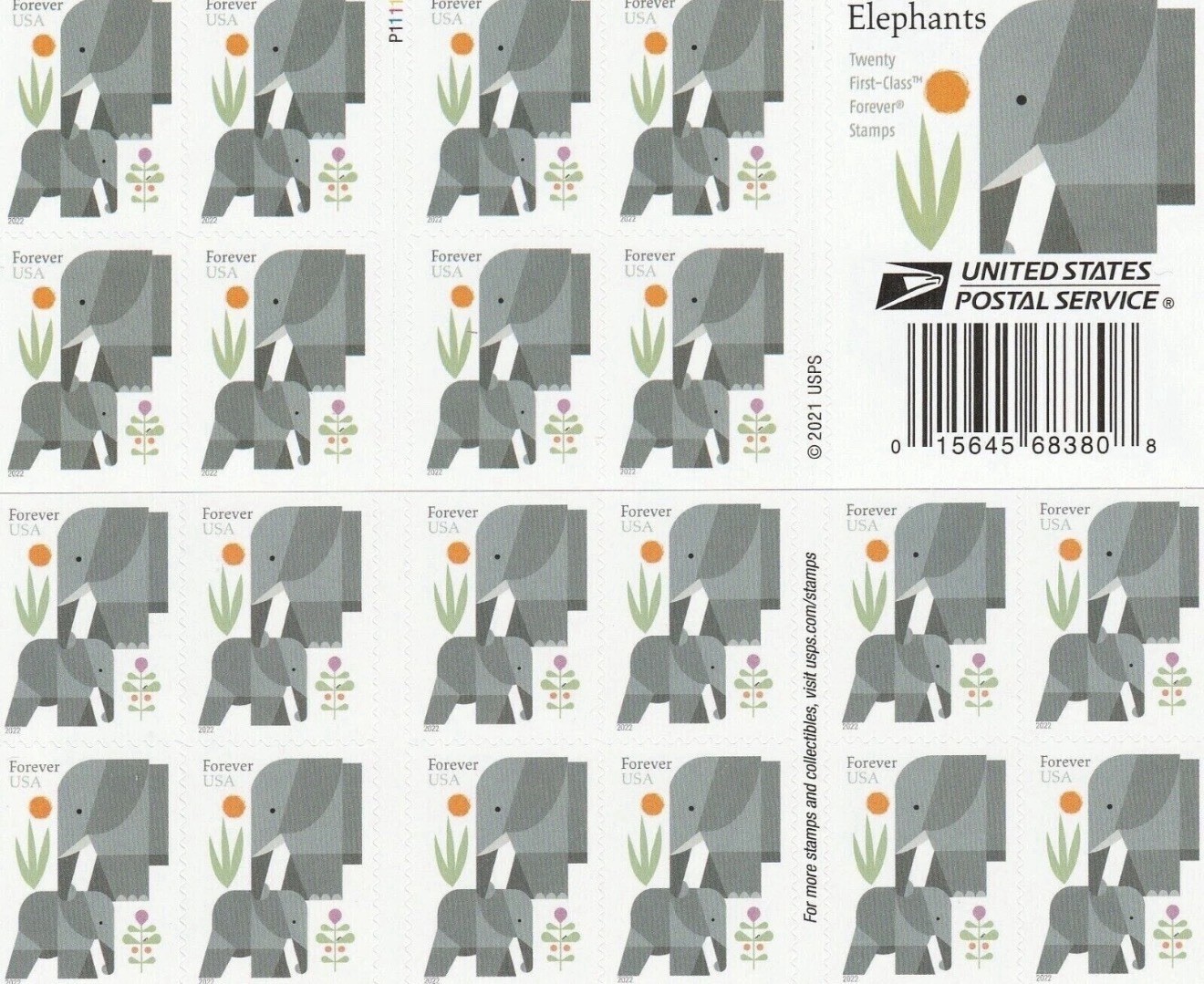 2021 USPS SHEET OF 20 FIRST CLASS LETTER STAMPS ELEPHANTS 78¢