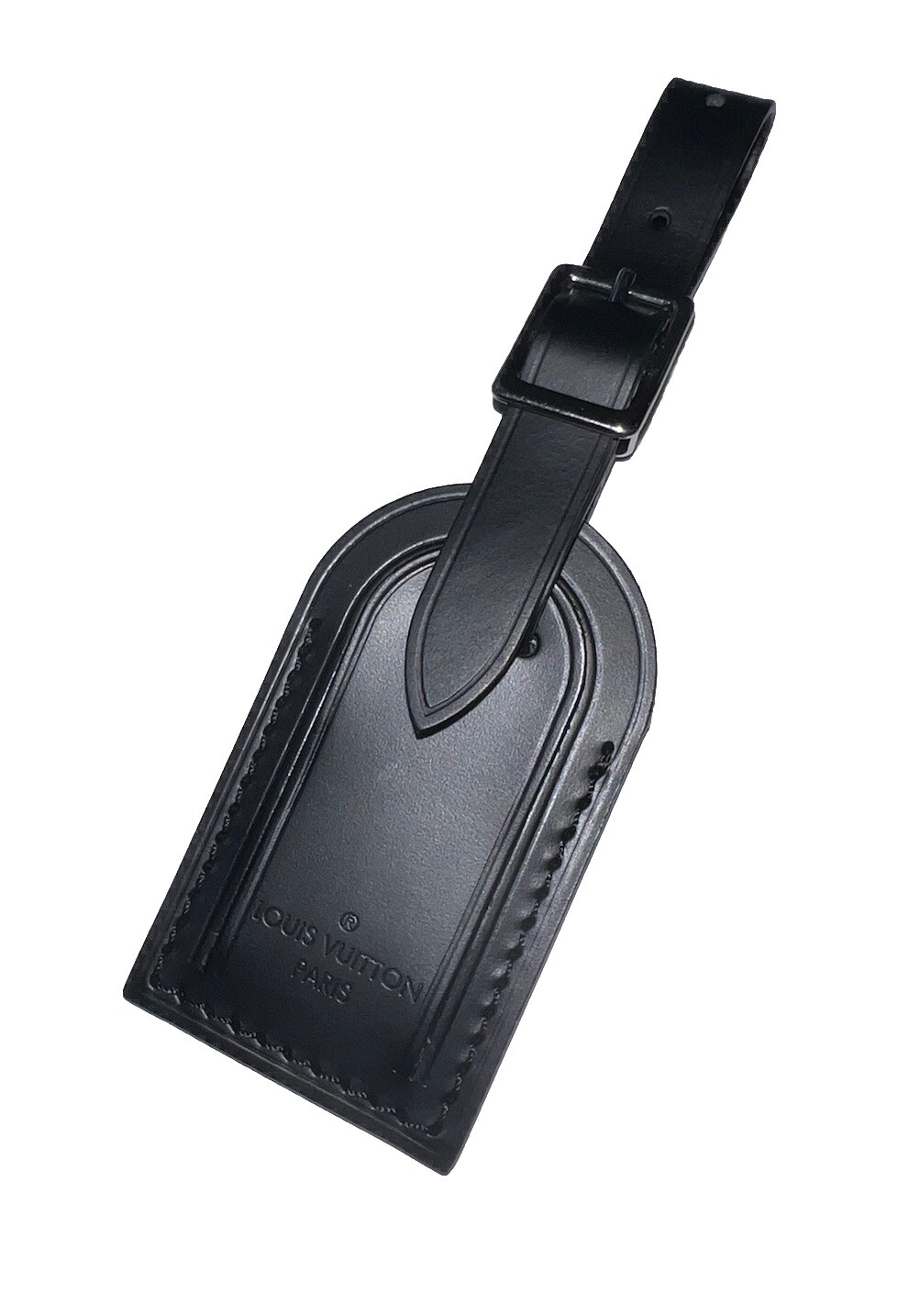 Louis Vuitton PARIS Black Leather ID Name Tag w/ Silver tone Hardware