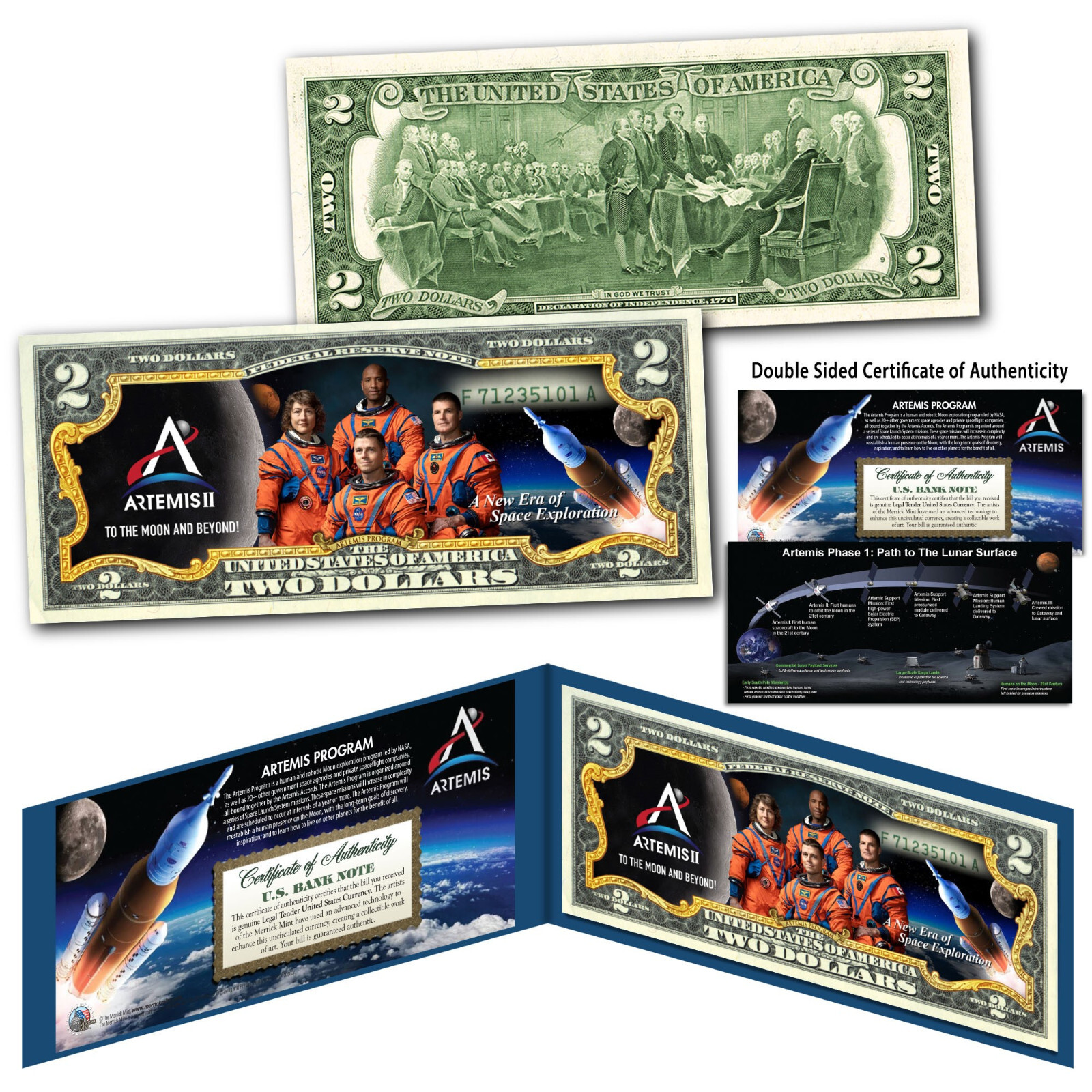 ARTEMIS II Missions NASA Space Moon Program THE CREW Genuine U.S. $2 Bill