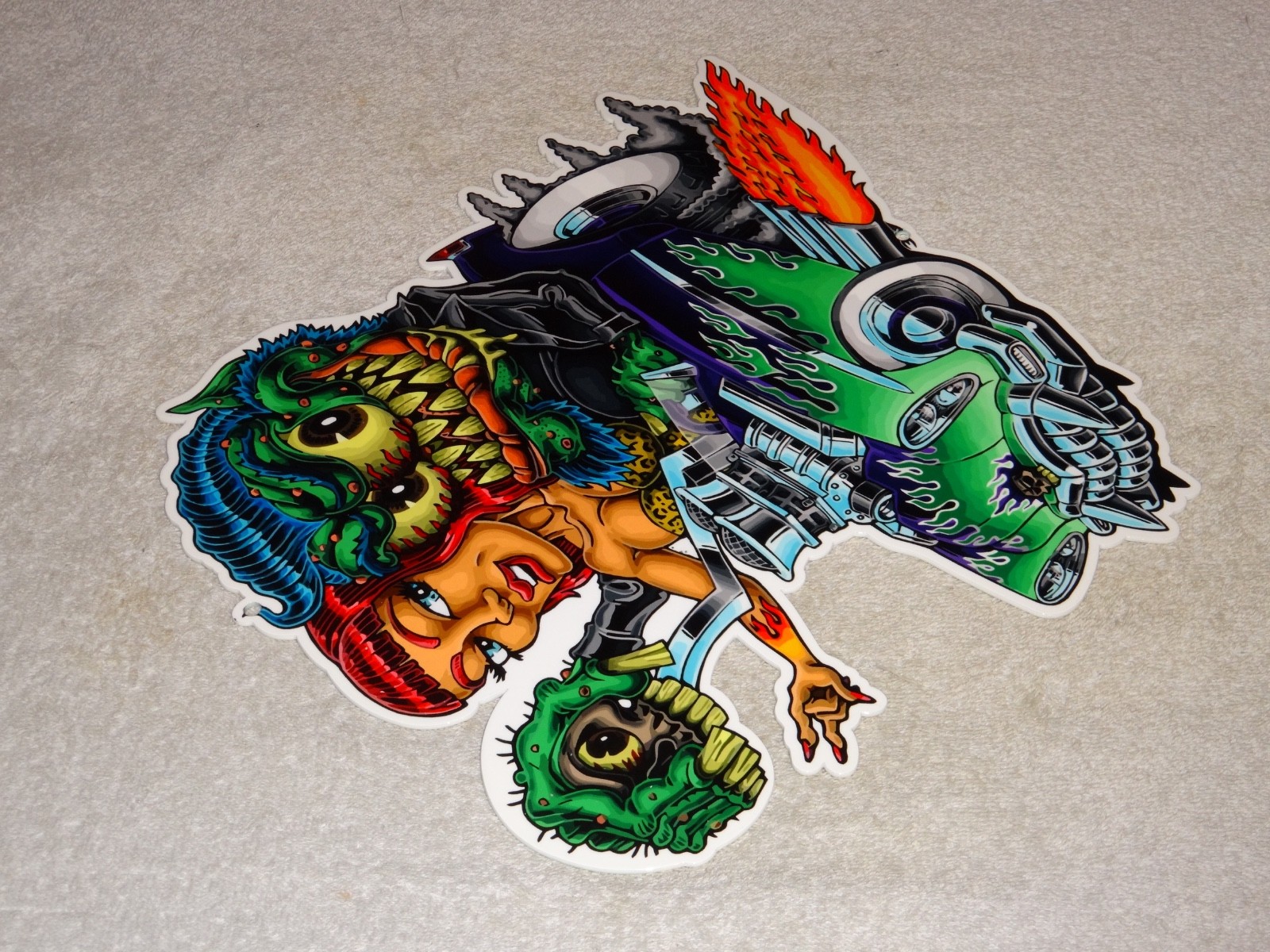 VINTAGE RATFINK DRIVES CAR W/ WOMAN MONSTER 12" METAL GASOLINE OIL RAT FINK SIGN