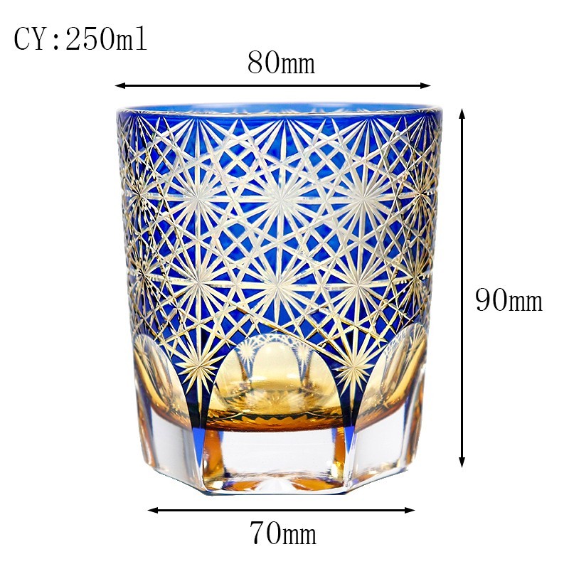 Edo Kiriko Crystal Whiskey Glasses Hand Cut To Clear Blue 9oz Gift Packing