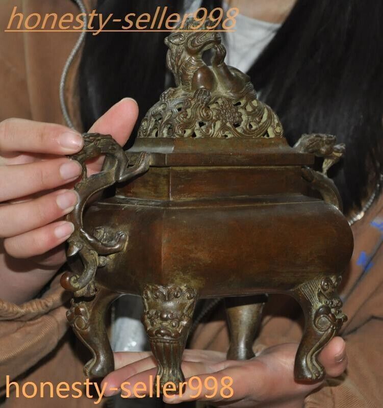 8.6" Ancient Chinese Pure bronze dragon loong beast statue Incense burner censer
