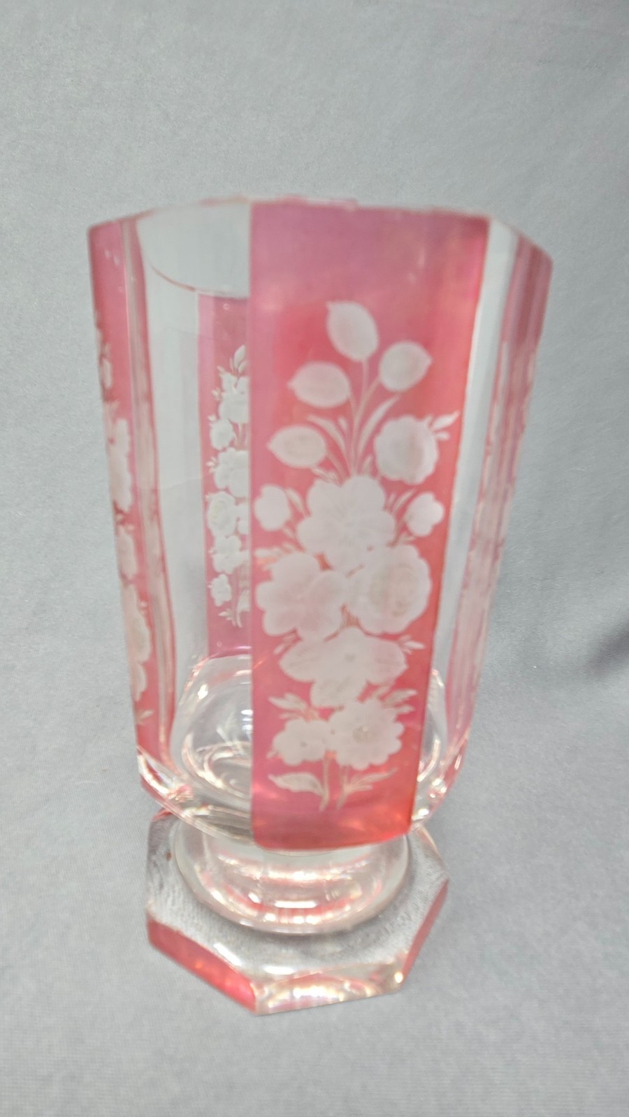 Bohemian Red Flashed Floral Etched Ale Glass