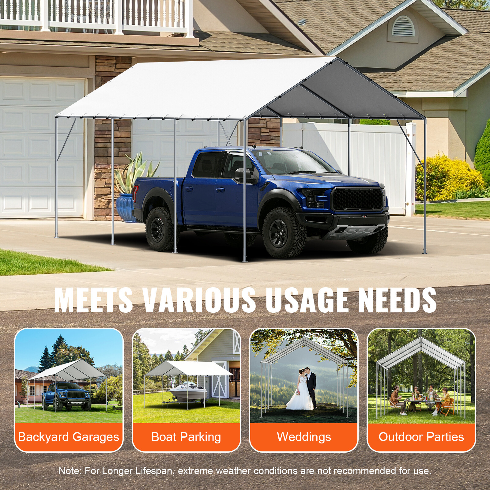 VEVOR 10 x 20 ft Carport Replacement Canopy Car Shelter Tent Cover White