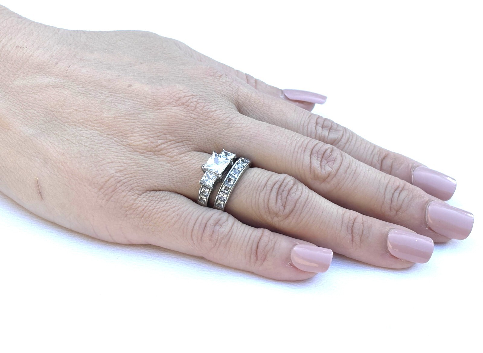 2.58ct Princess Cut CZ Womens Stainless Steel Wedding Engagement Set Rings