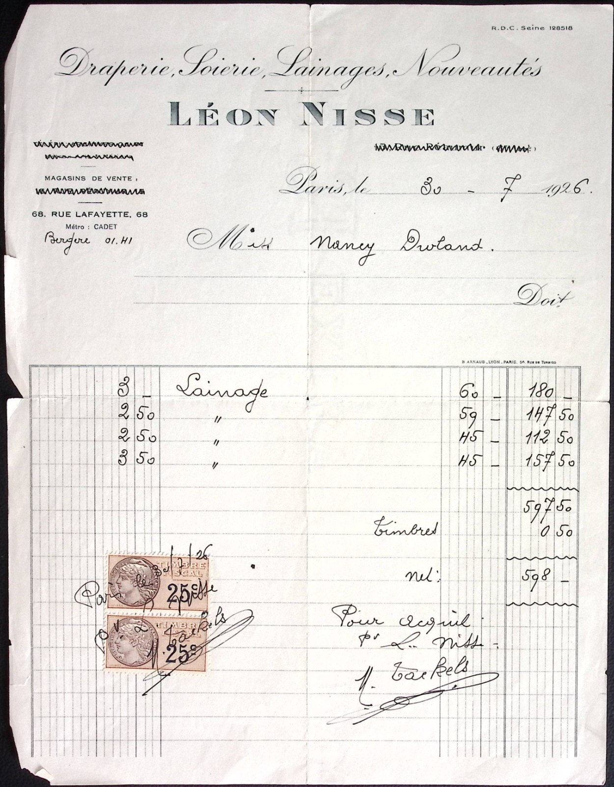 1926 Leon Nisse Draperie Soiere Lainages Nouveautes With Stamp PARIS FRANCE