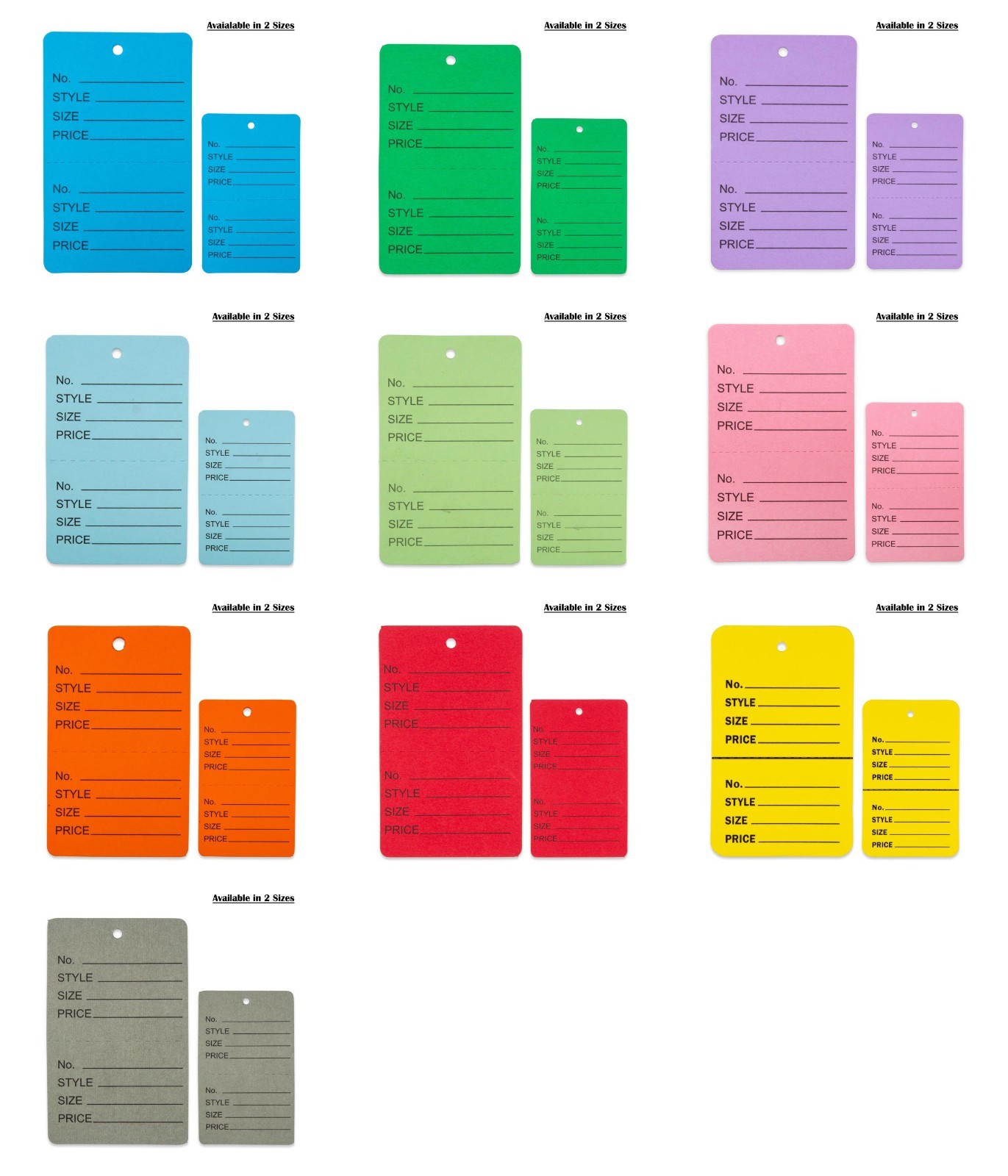 100 Qty Unstrung Colored Price Tags w/Perforated Stub - 2 Sizes Available