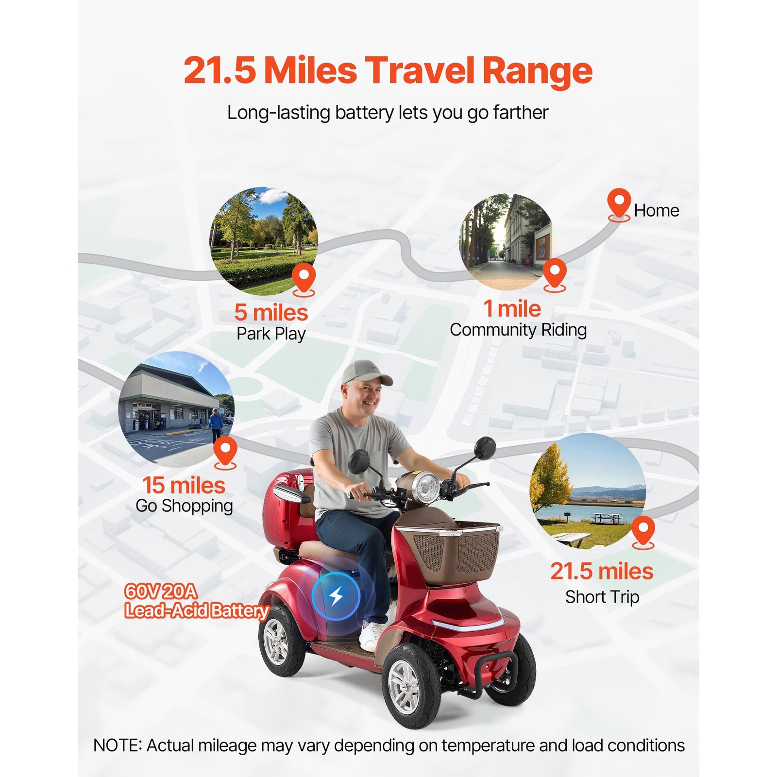 Uimoso Heavy Duty 4-Wheel Mobility Scooter 21.5 Miles Range 3-Speed, 500lbs Load