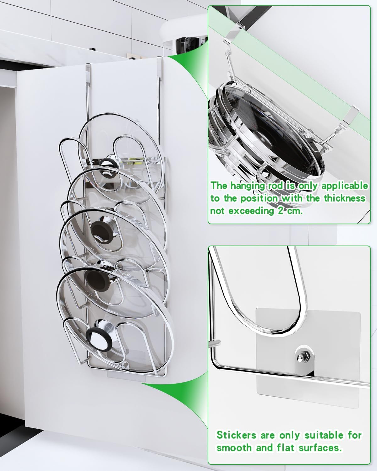 Pot Lid Organizer,304Stainless Steel Door Hanging Pot Lid Rack (Modern,Four-Laye