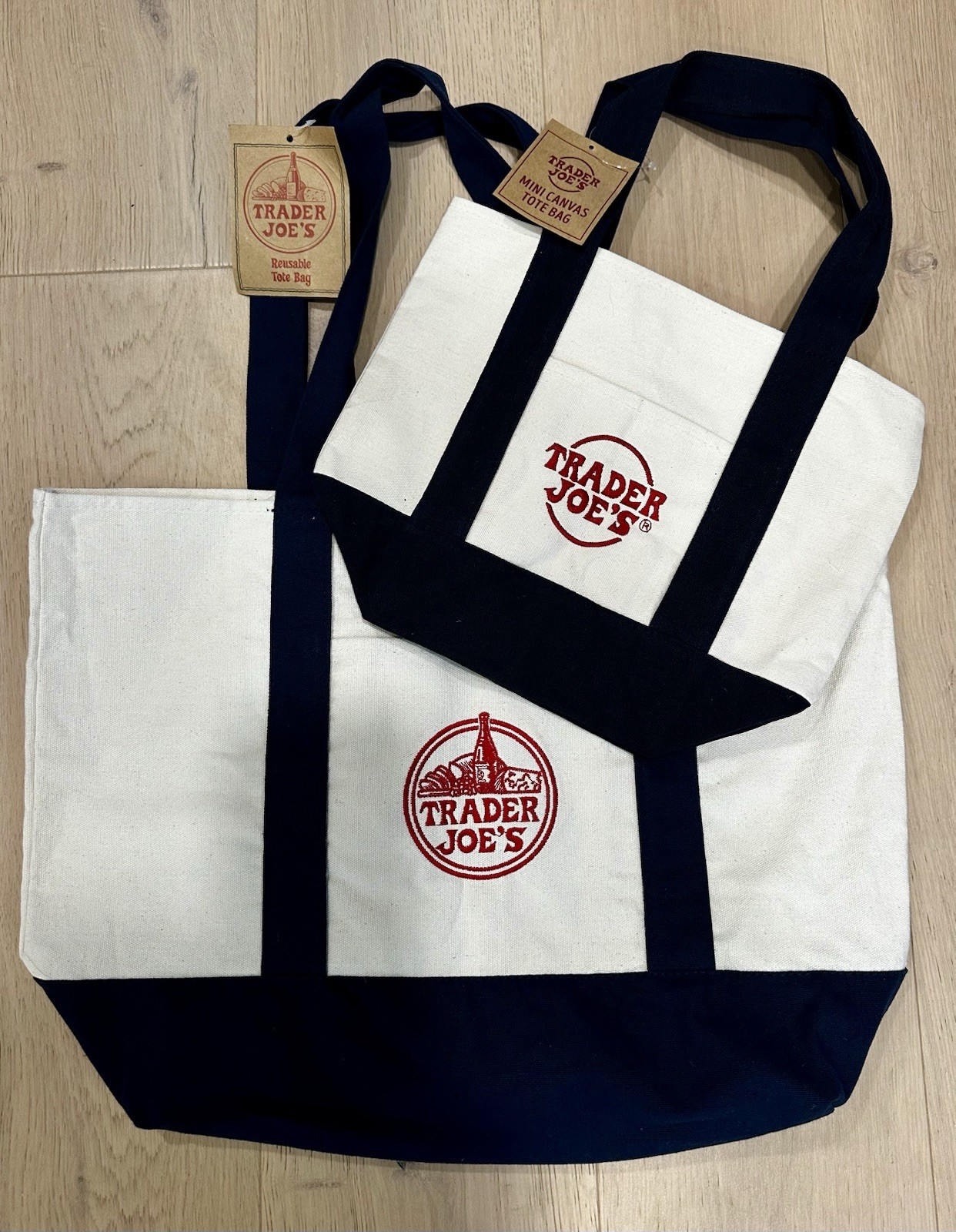 2x Trader Joe's NEW 💚 Blue AUTHENTIC LARGE & MINI CANVAS REUSABLE TOTE BAGS SET