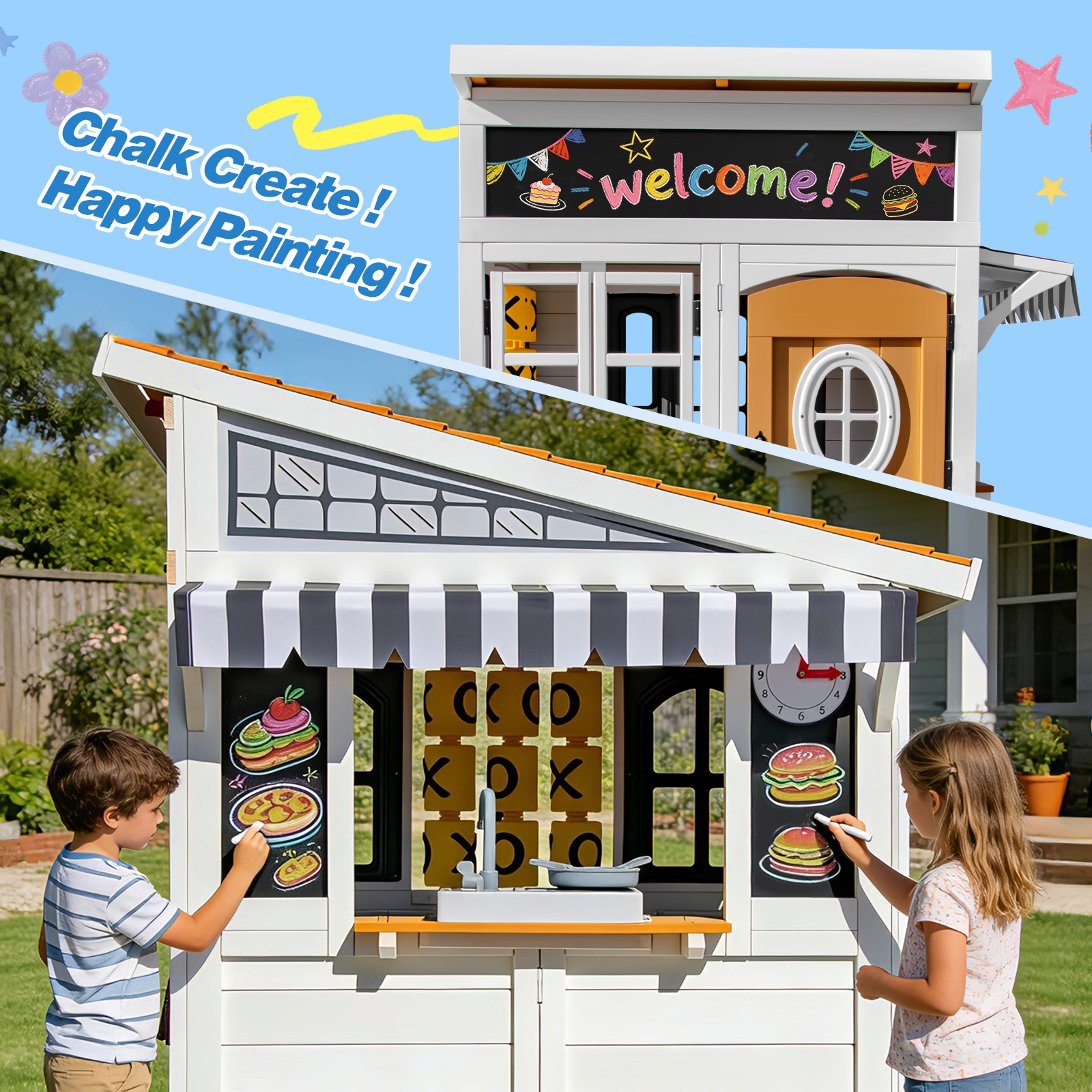 Kids Wooden Playhouse Outdoor Cottage Play Kitchen,Bench,Blackboard,Tic-Tac-Toe