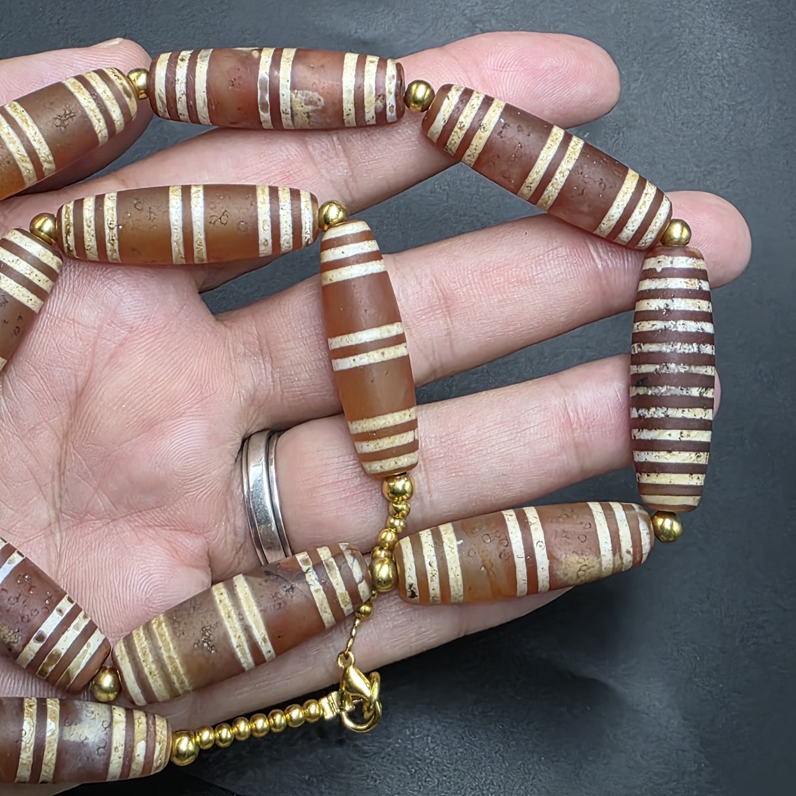 Antique Etched Carnelian Decorated Agate Beads Necklace.