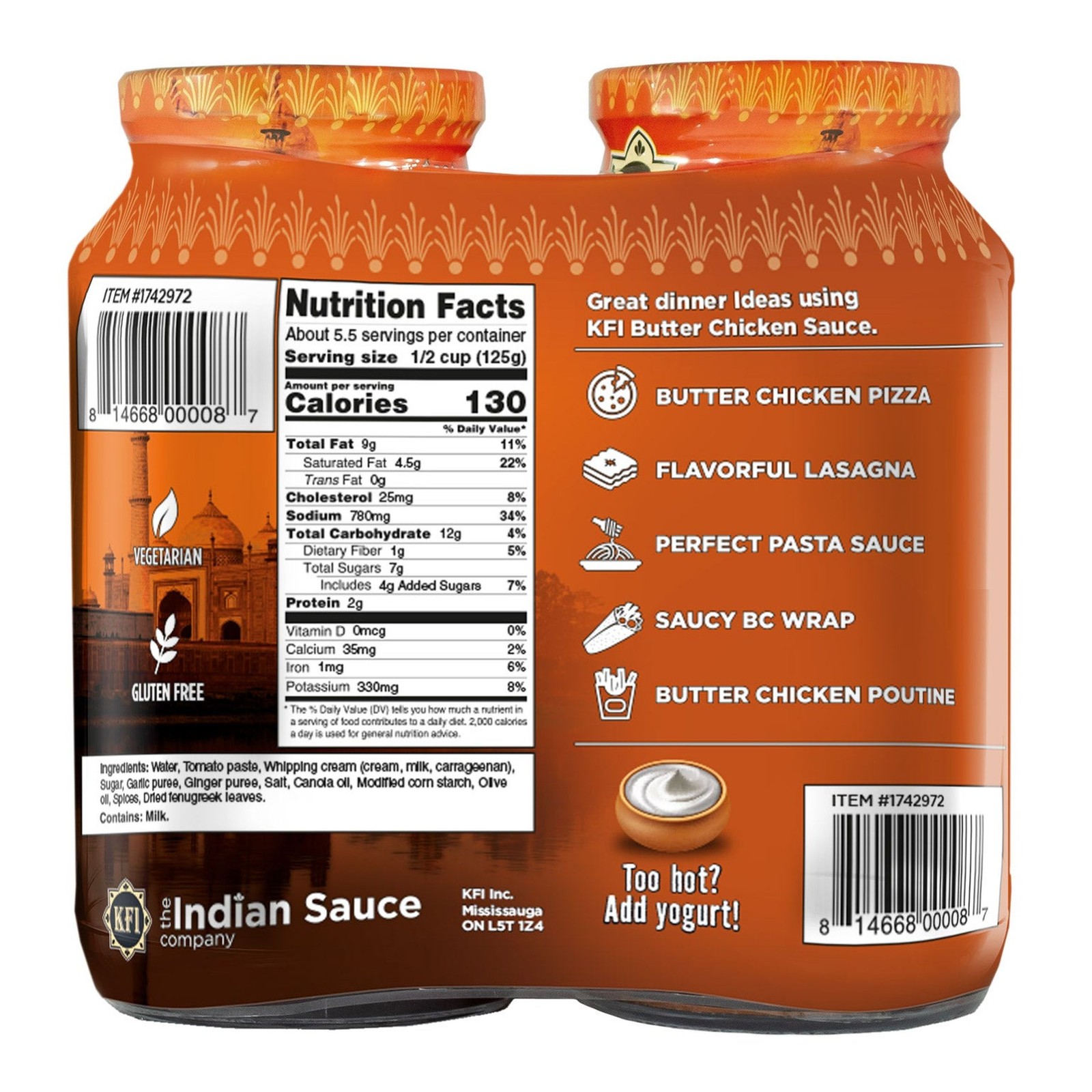 KFI Butter Chicken Cooking Sauce, 2-Pack (24.5 oz each), Total 49 oz