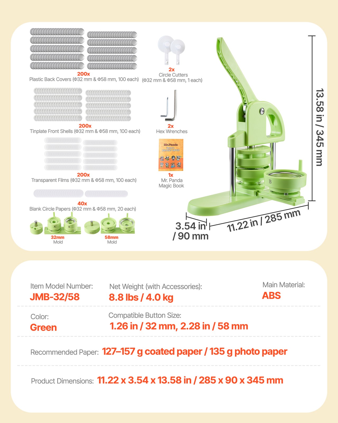 VEVOR Button Maker Machine Plastic Pin Maker 1.26/2.28 inch with 200pcs Parts