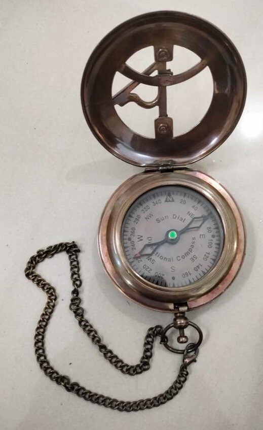 Sun Dial Pocket Watch Brass Compass Chain Antique Old Gold Lustre Wooden Box UK