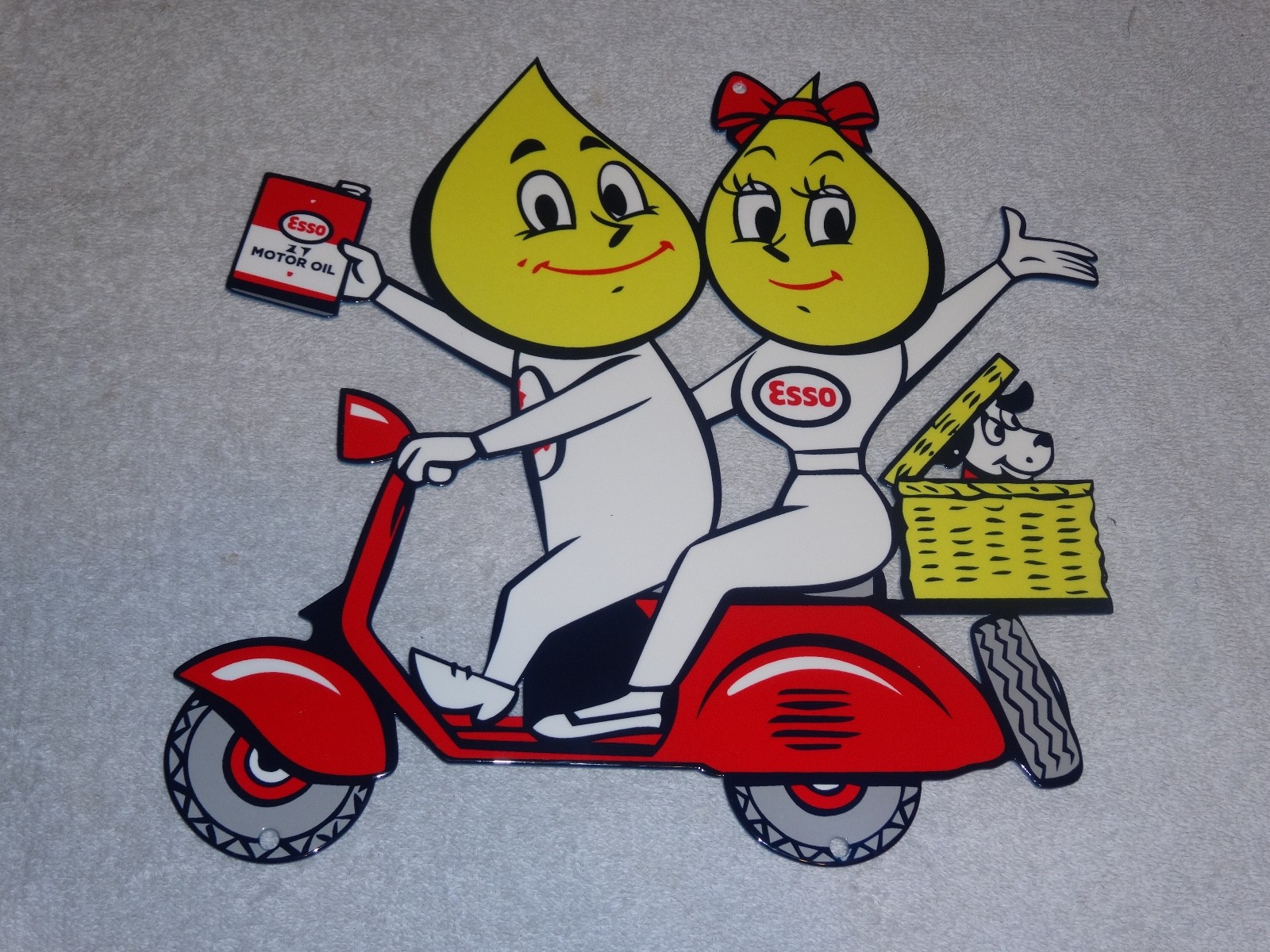 VINTAGE ESSO OIL DROP BOY & GIRL ON VESPA SCOOTER W/ DOG 12" METAL GASOLINE SIGN