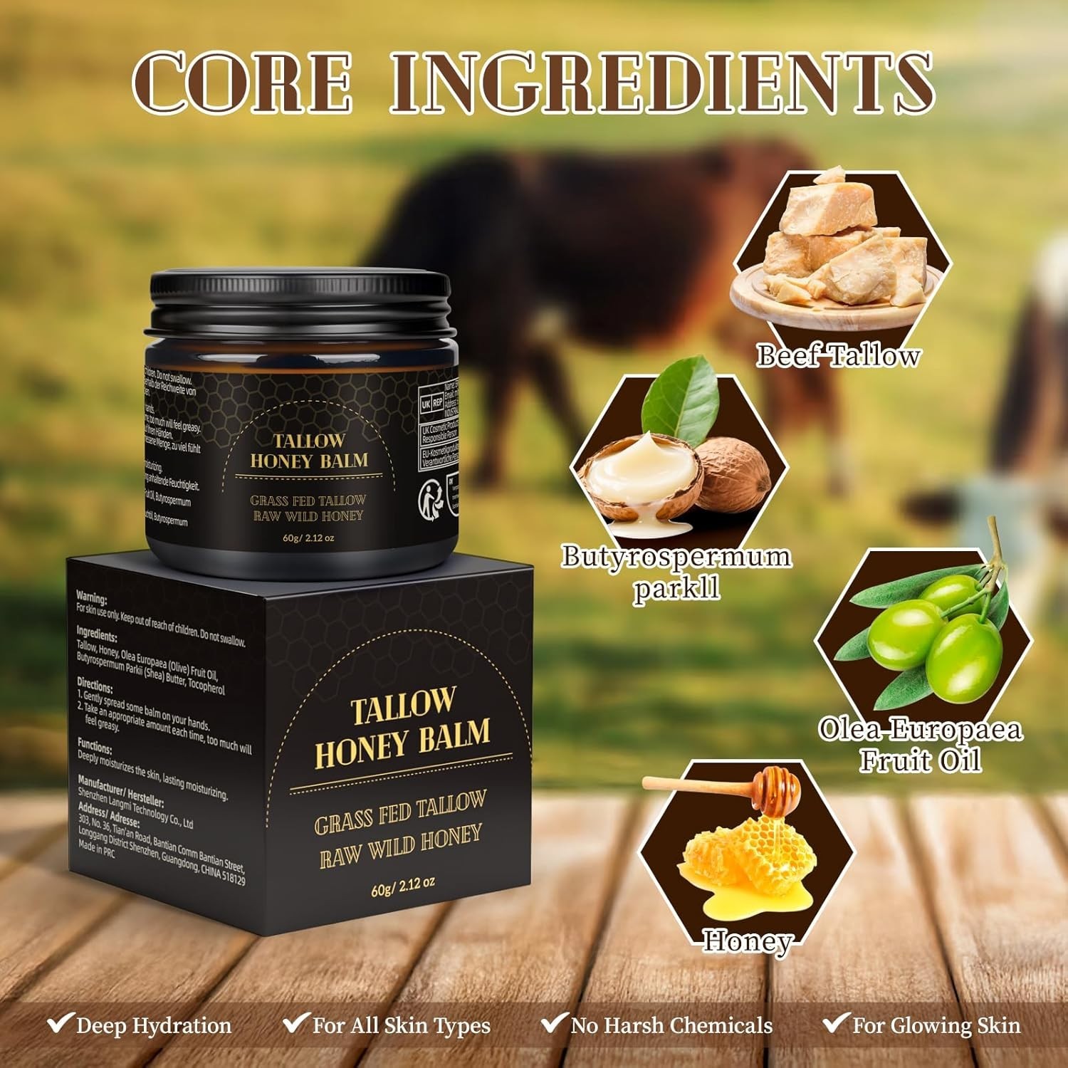 Beef Tallow for Skin, Tallow and Honey Balm for Face, Organic Grass-fed Beef