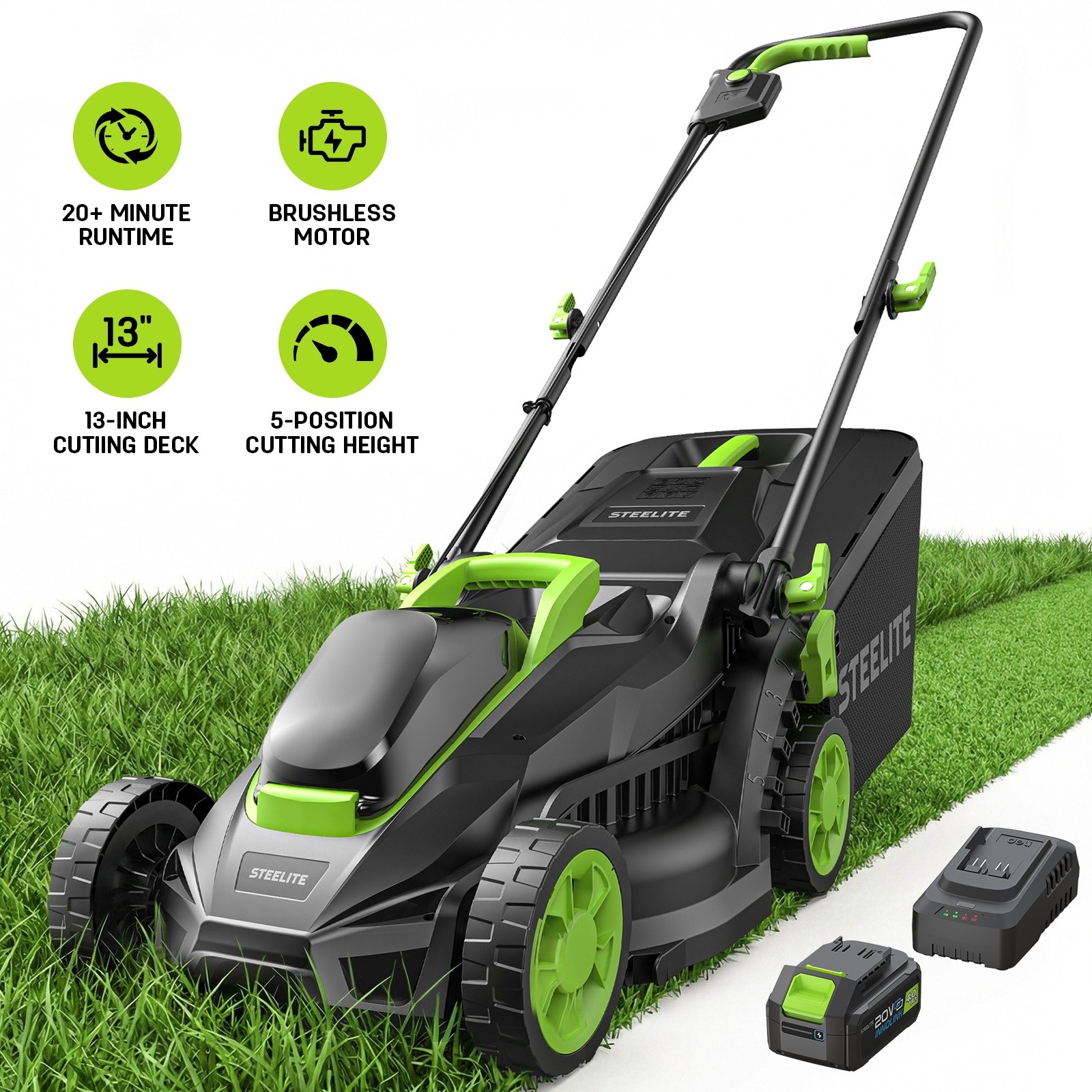 STEELITE 13-Inch 21V Cordless Lawn Mower with Brushless Motor & 4.0 Ah Battery