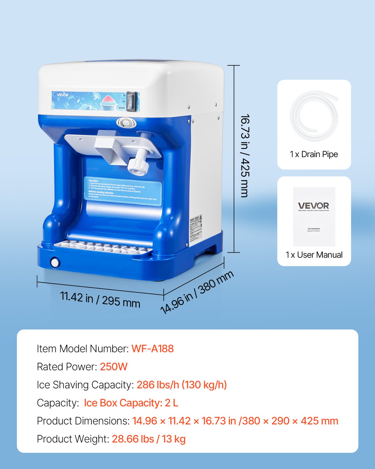 VEVOR Commercial Ice Shaver 286LBS/H Electric Snow Cone Maker Ice Crusher Blue