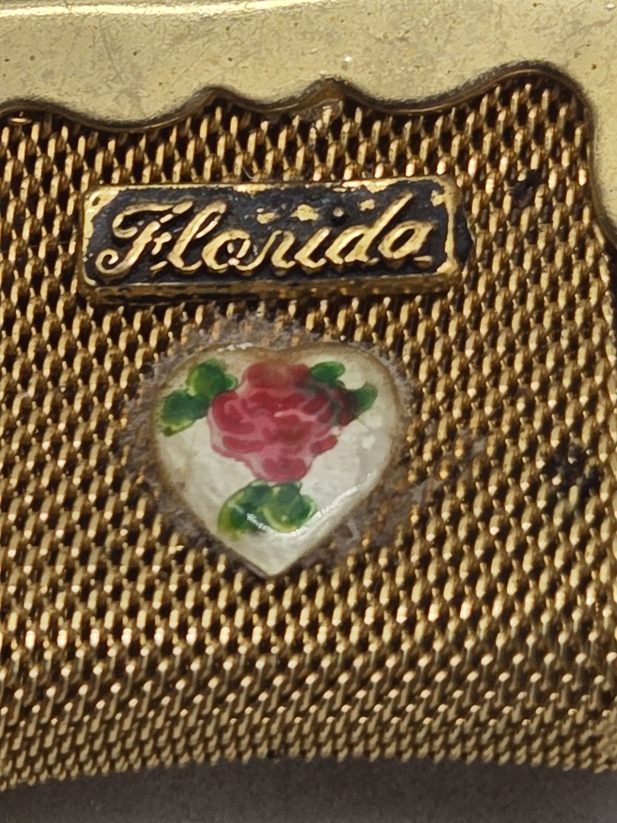 Vintage Florida State Souvenir Mini Mesh Coin Purse Keychain Goldtone Metal