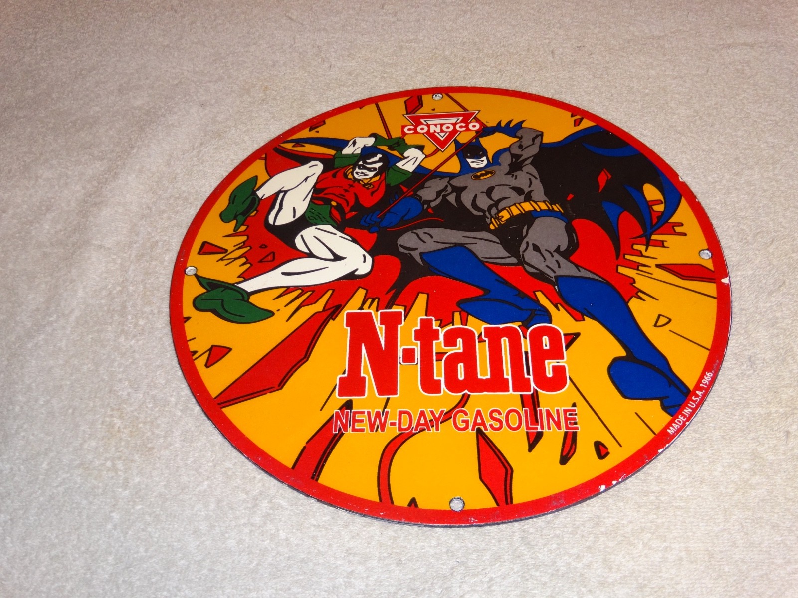 VINTAGE 1966 CONOCO GASOLINE W/ BATMAN & ROBIN 11 3/4" PORCELAIN METAL OIL SIGN!