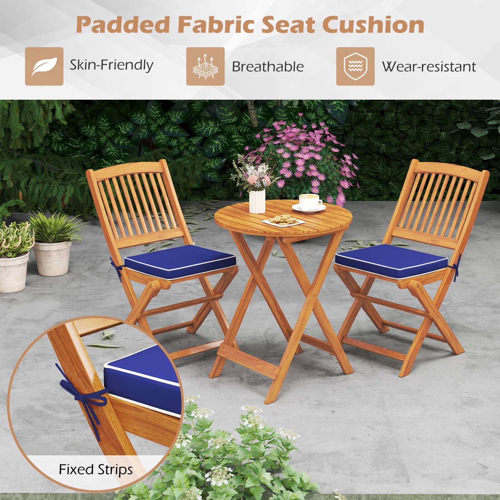 3 Pieces Acacia Wood Patio Bistro Set Folding Table & Chairs Set w/ Cushions