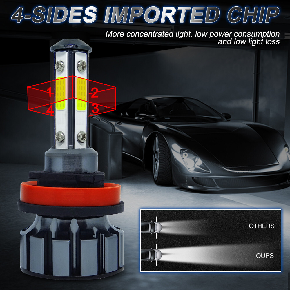 4-Sides H11 LED Headlight Kit Low Beam Bulb Super Bright 6500K White 1000000LM