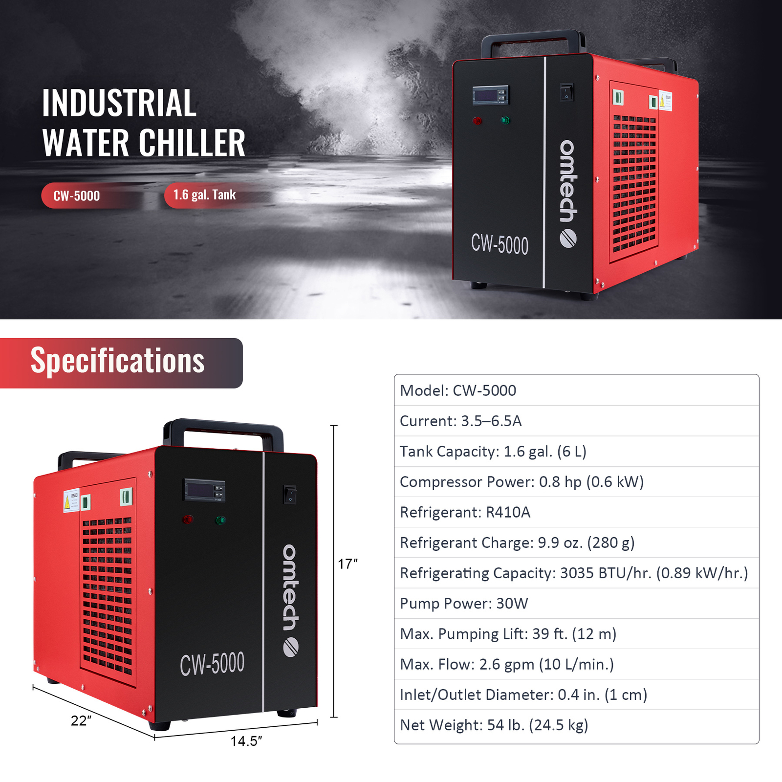 OMTech Industrial CO2 Laser Water Chiller CW-5000 for 50-100W Engraver Cutter US