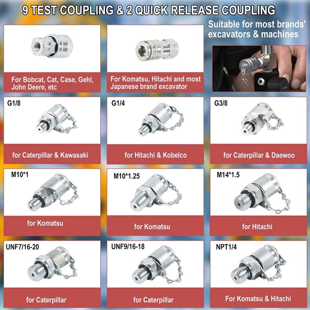70M Digital Hydraulic Pressure Test Kit-2 Gauge 11 Coupling 2 Hose for Excavator