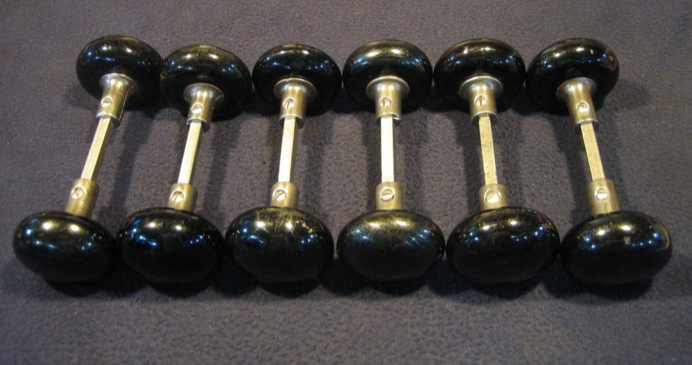 Nice Pair Antique Victorian Jet Black Porcelain Door Knobs 5/8 Shanks - 1890's