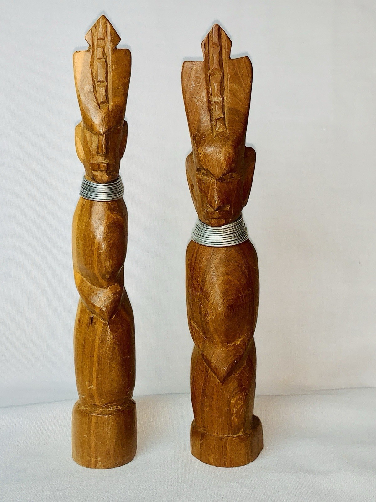 Vtg MCM African Hand Carved Teak Wood Tribal Figurine Statue Pair 7.5" Kenya