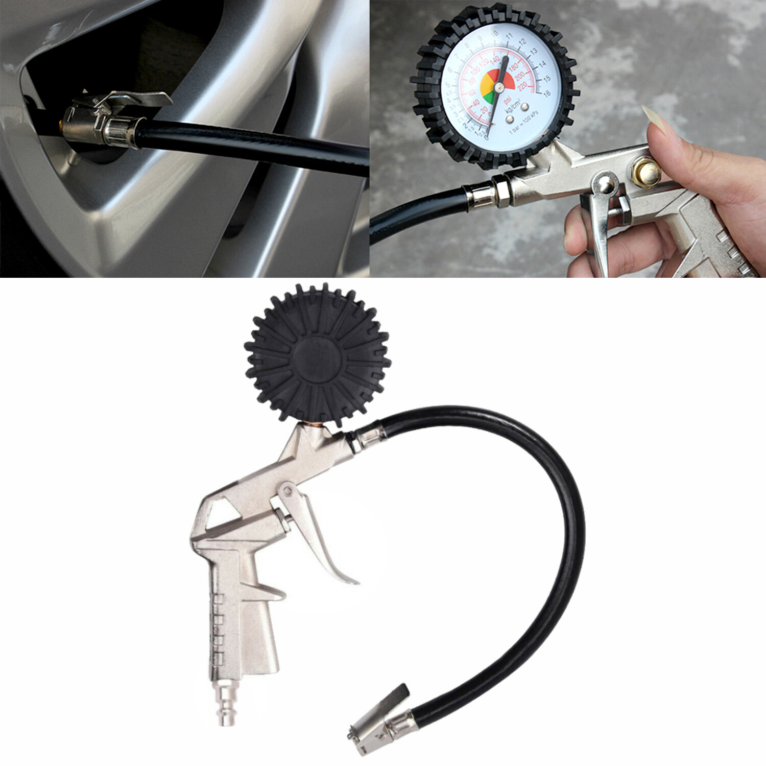 Dial Tire Inflator Gauge Flexible Hose 220 PSI Pistol Style Air Chuck Pneumatic