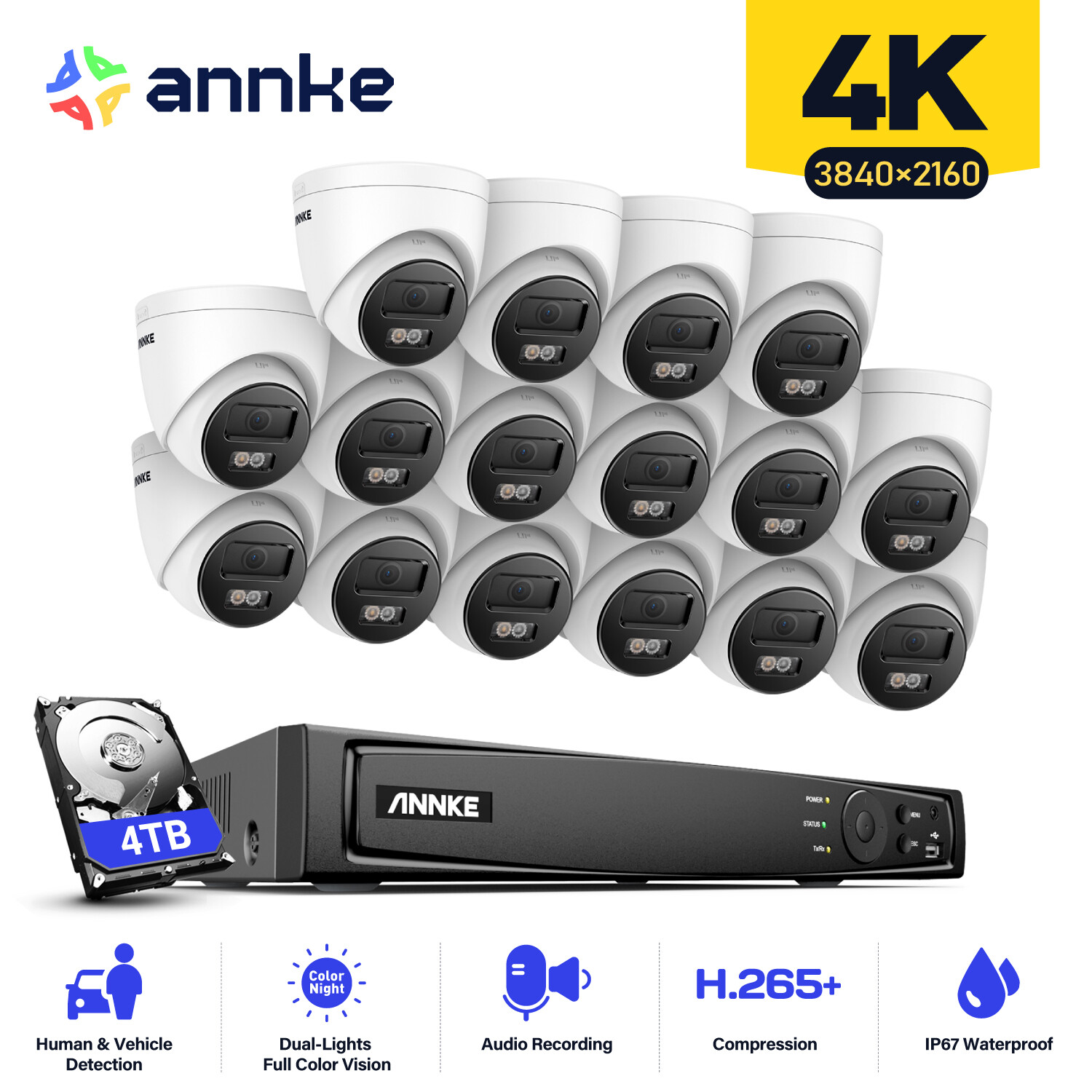 ANNKE 16CH 12MP NVR 4K POE AI Color Night Security Camera System Audio Recording