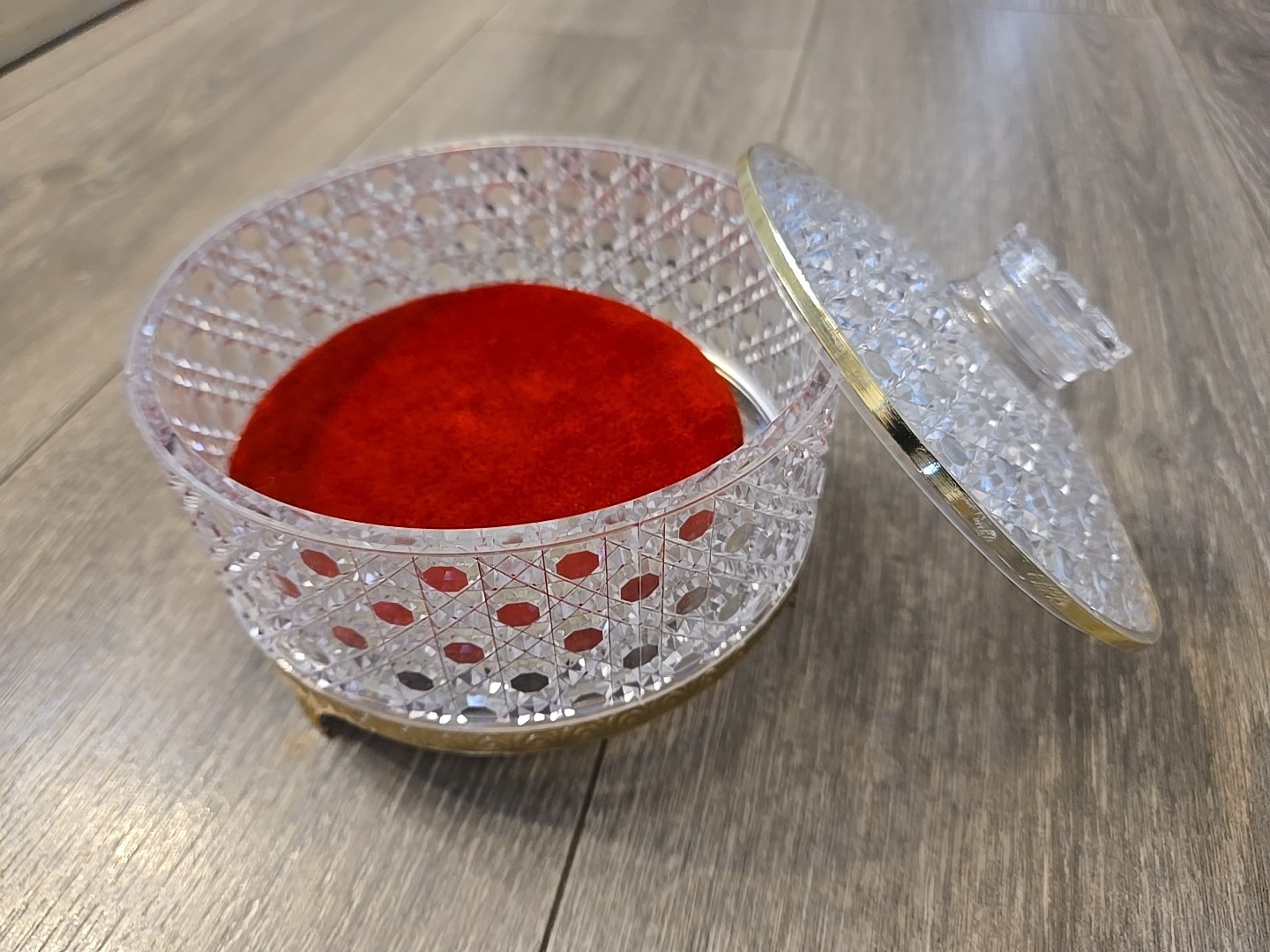 Vintage Avon Powder Box Hollywood Regency Cut Crystal Plastic w Red Puff Vanity