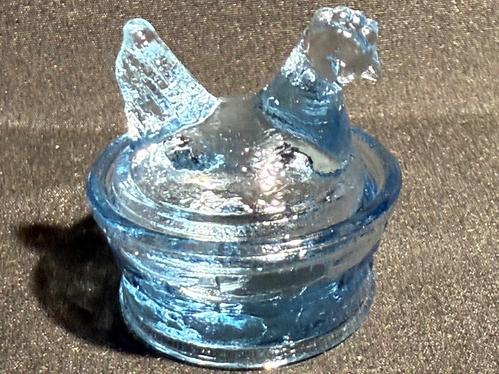 Blue Vaseline uranium glass Hen Chicken on nest basket eggs / salt cellar orange