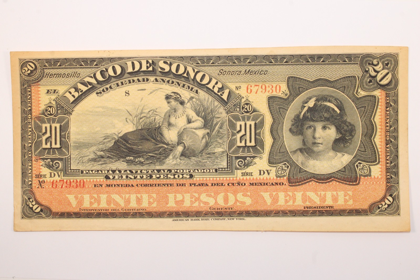 1899 - 1911  Mexico 20 pesos  BANCO DE SONORA  P-S421d XF #  0386