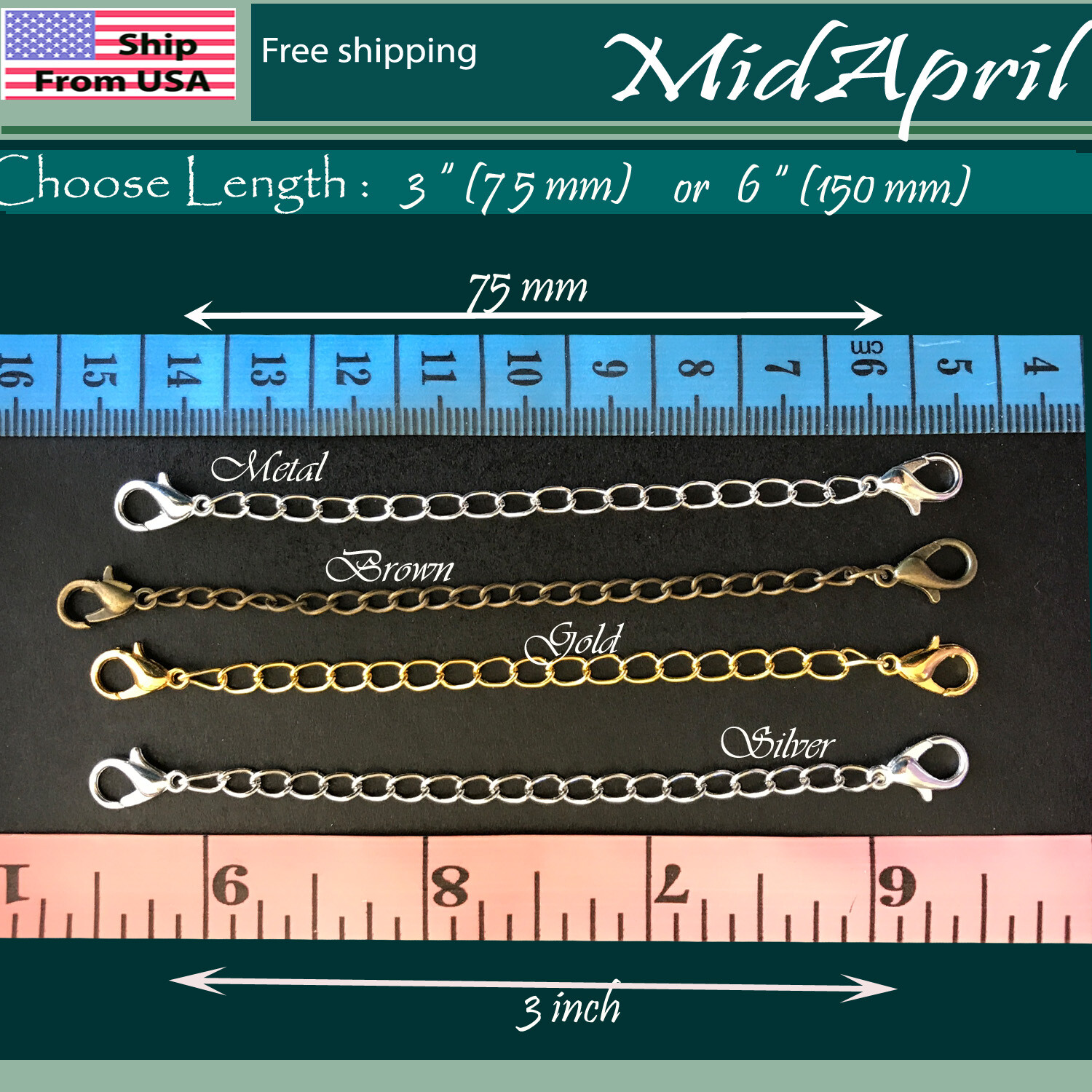 Extender /Safety Chain Extender Necklace Bracelet Lobster lock 3" or 6"