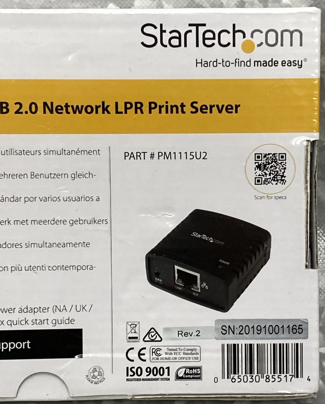 StarTech Network LPR Print Server 10/100Mbps Ethernet to USB 2.0 #PM1115U2 New