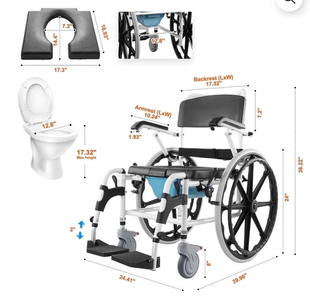 Shower Wheelchair, 17.5in Width Aluminum Alloy Bathroom Wheelchair for Ins
