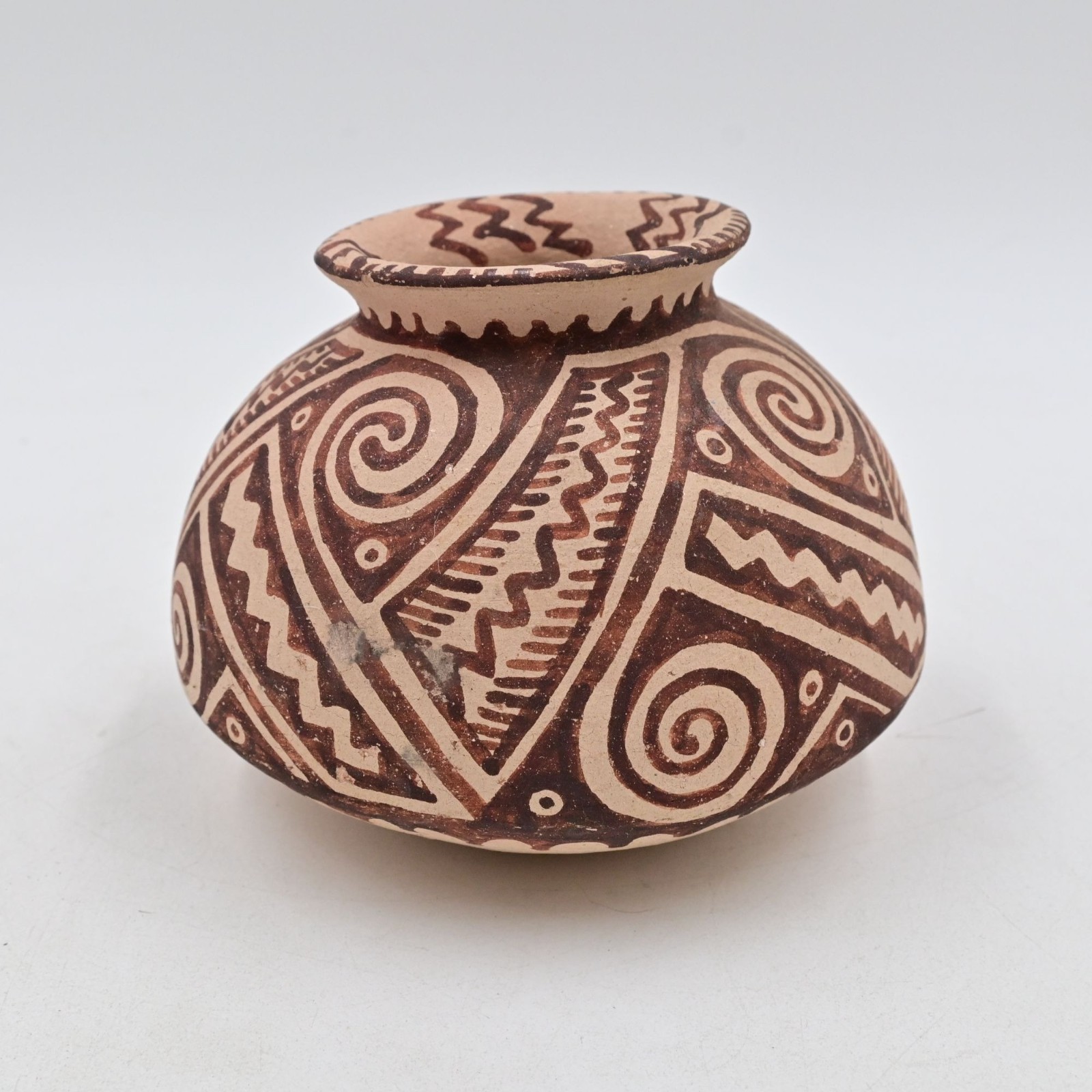 Olla Jar Vase with Stepped and Spiral Designs Native American Pottery
