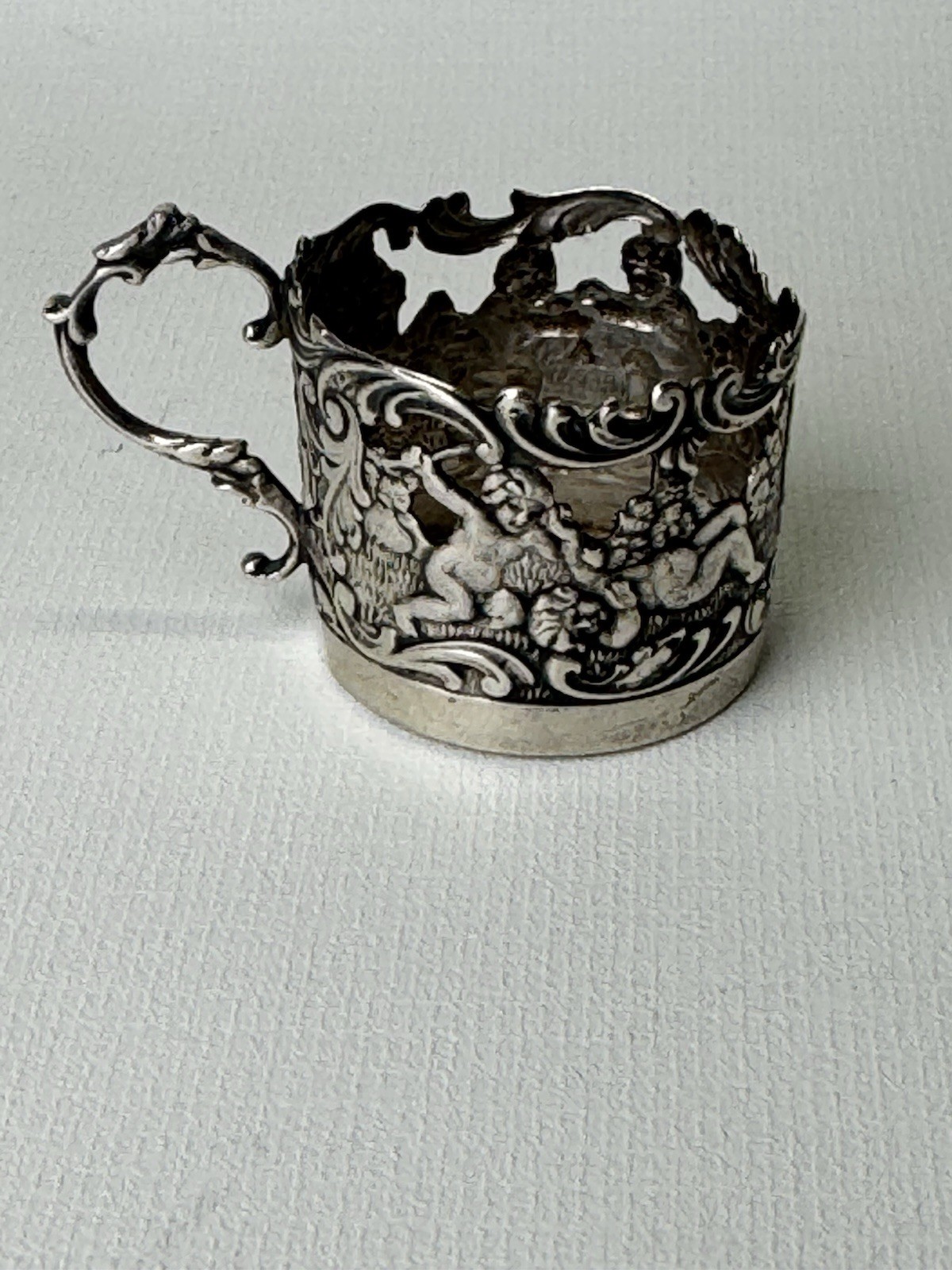 Antique Germany 800 Silver Tea Glass Holder With Ornate Rococo Cherub Scene
