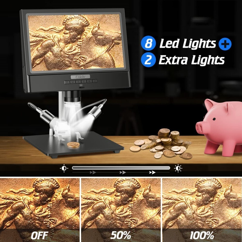 Elikliv 10'' Digital Microscope 1300X Jewelry Loupe Coin Magnifier w/ LED Light