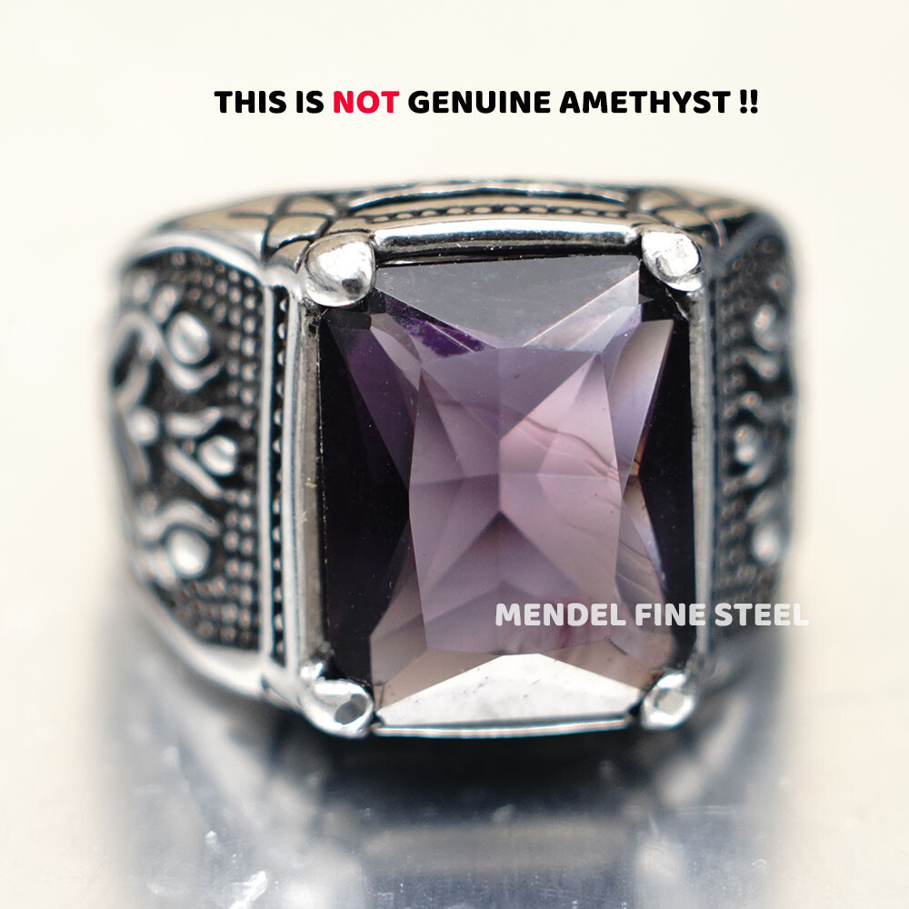 MENDEL Mens Purple Amethyst Stone Ring Stainless Steel Size 7 8 9 10 11 12 13-15