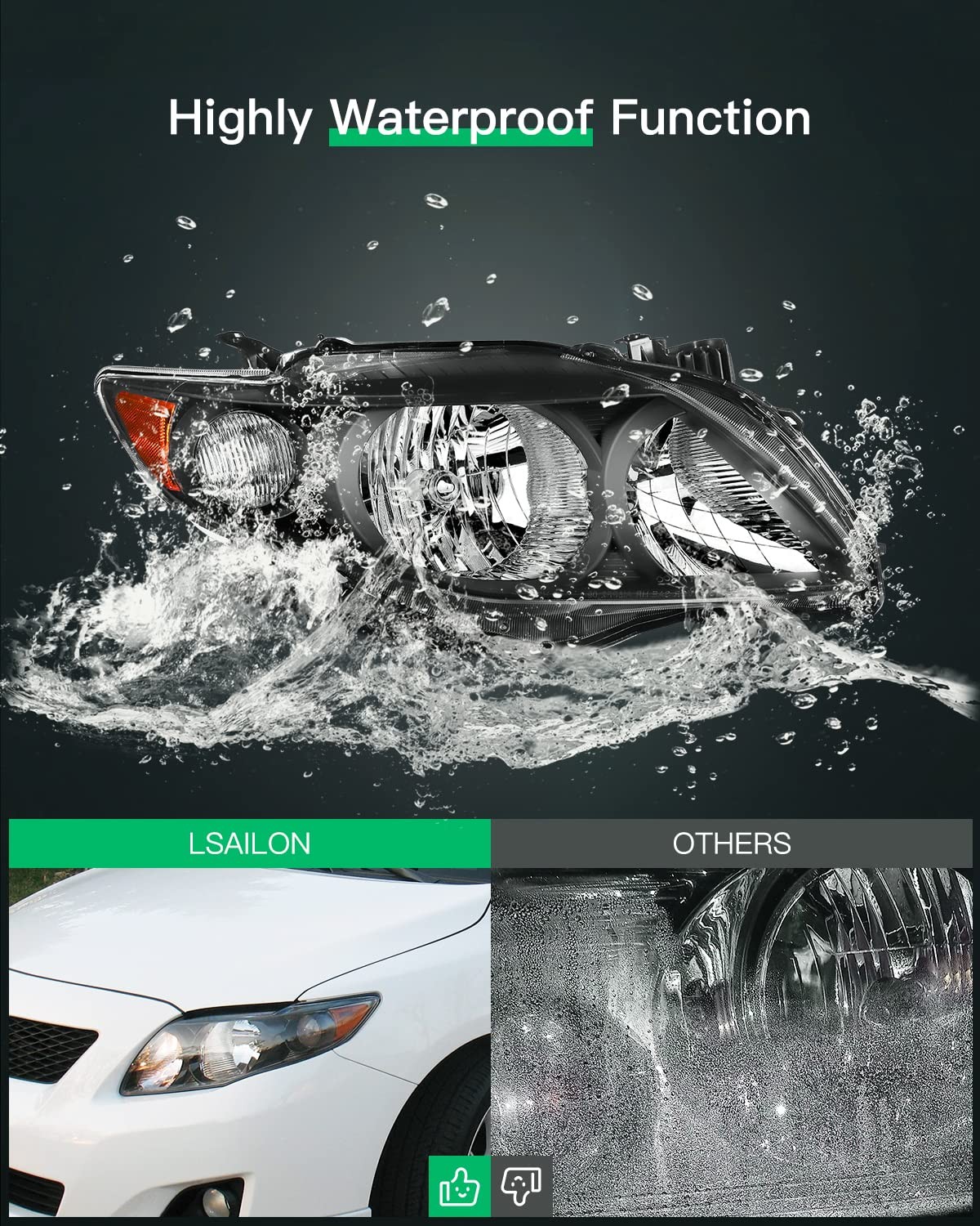 Headlight Assembly Replacement For Toyota Corolla Black Housing Amber Reflector